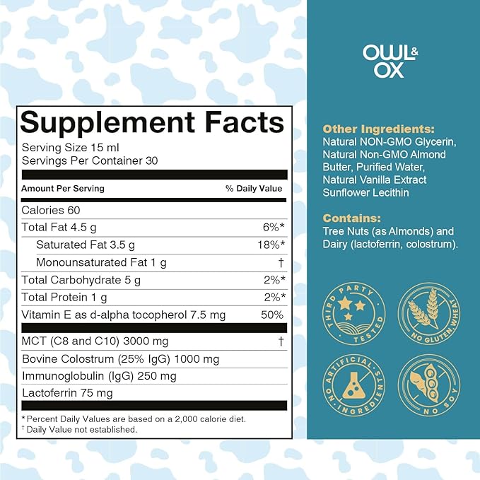 Bovine Colostrum with MCT Oil, Lactoferrin, IgG by Owl & Ox | Grass Fed, US Based | Skin Health, Gut Health and Immune Support | Sugar Free, Keto Friendly, Non GMO | Made in USA