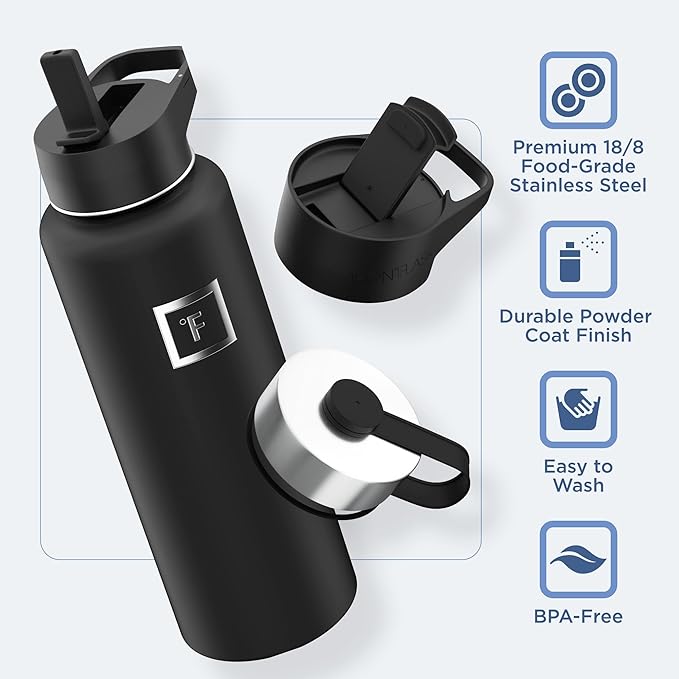 IRON °FLASK Camping & Hiking Hydration Flask with 3 Lids - Stainless Steel, Double Walled & Vacuum Insulated Water Bottle - Leak Proof & BPA Free (Graphite, Straw - 40 oz)