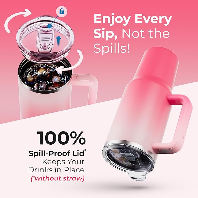 40 oz Tumbler With Handle and Straw Made of Stainless Steel - Double Wall Vacuum Insulated Tumbler With Lid - Sweat Proof Easy Grip, BPA-Free, Dishwasher Safe Tumbler (Misty Pink)