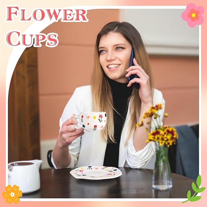 Ceramic Coffee Mug Vintage Flower Mugs 8 oz Cute Floral Coffee Mugs Irregular Latte Art Cup Lead-free Porcelain Cups for Cappuccino, Cocoa (Blue and Pink Mug with Saucers)