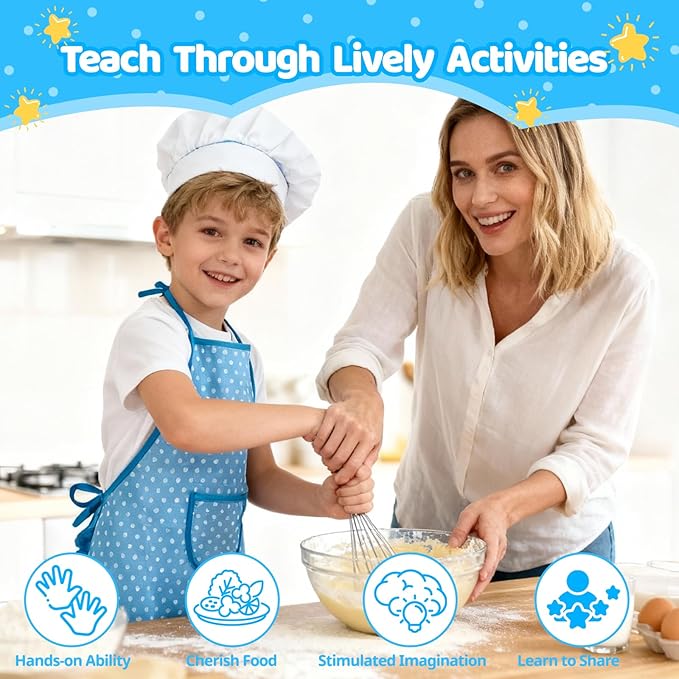 11 PCS Kids Chef Costume Set, Cooking & Baking Toys for Toddlers 3-8 with Adjustable Apron, Pretend Play Gift for Boys & Girls Birthday Xmas（Blue）