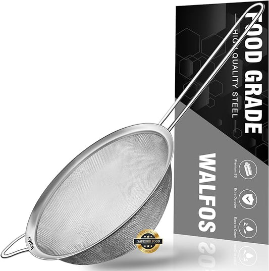 Walfos 8 Inch Fine Mesh Strainer, Premium Stainless Steel Colanders and Sifters, with Reinforced Frame and Sturdy Handle, Perfect for Sift, Strain, Drain and Rinse Vegetables, Pastas and Tea
