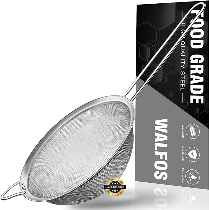 Walfos 7 Inch Fine Mesh Strainers, Premium Stainless Steel Colanders and Sifters, with Reinforced Frame and Sturdy Handle, Perfect for Sift, Strain, Drain and Rinse Vegetables, Pastas and Tea