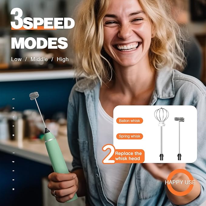 Milk Frother Rechargeable Handheld Electric Whisk Coffee Frother Mixer with 2 Stainless whisks 3 Speed Adjustable Foam Maker Blender for Coffee Matcha Latte Cappuccino(Avocado Green)