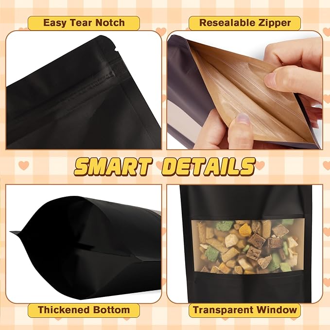 Jetmore-50pack-Smell-Proof-Bag, Reusable Zip Lock Bags with Window, Resealable Stand Up Packaging Bags, Brown Paper Pouches for Coffee, Tea, Herbs, Spice, Snack, Baked Goods, Goodie Bags