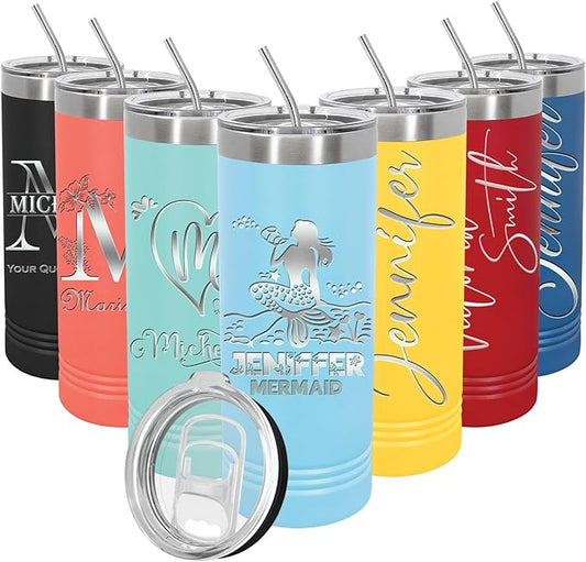 Personalized 20oz Skinny Tumbler: Engraved, Stainless Steel, Insulated, Leak-Proof Lid & Straw, Hot/Cold for Hours, for Coffee, Water, Wine, Gift for Birthdays, Christmas, 25 Designs (Light Blue)