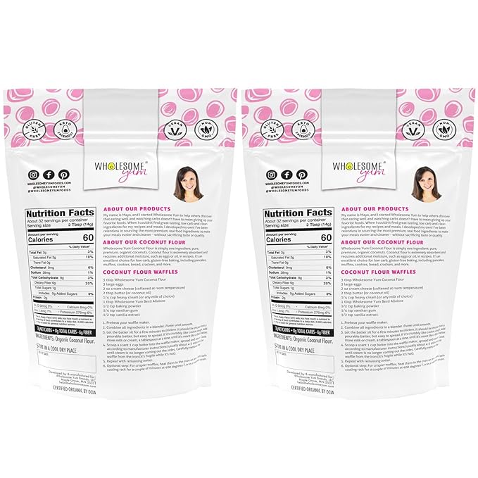 Wholesome Yum Premium Organic Coconut Flour For Baking & More (16 oz / 1 lb) - Low Carb, Gluten Free, Non GMO, Keto Friendly Flour Substitute (Pack of 2)