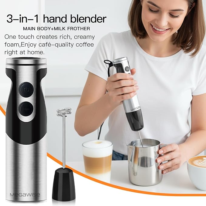 MegaWise Blender Handheld 12-Speed Stainless Steel Electric Hand Blender, 3 in 1 Immersion Handheld Blender，with Sturdy Titanium Plated Stainless Steel Blades(black)