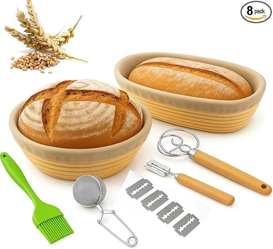 Sourdough Basket Set, 9" Round & 10" Oval Proofing Baskets for Bread Baking with, Lame, Whisk & Linen Liners, Complete Sourdough Proofing Basket Kit