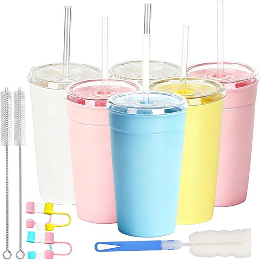 Clear Tumbler Cup, 16 oz Plastic Iced Coffee Cup with Lid and Straw, 6 Pack, Reusable and Dishwasher Safe, for Gatherings and Outdoor Adventures (6, Bright Color)