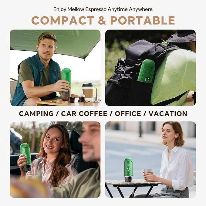 Fast self-heating Portable Electric Espresso Coffee Maker, 2 IN 1 Extraction Espresso Machine, Support Ground Coffee and NS capsule, for Travel,Car,Hiking,Climbing（Green） Rich Crema