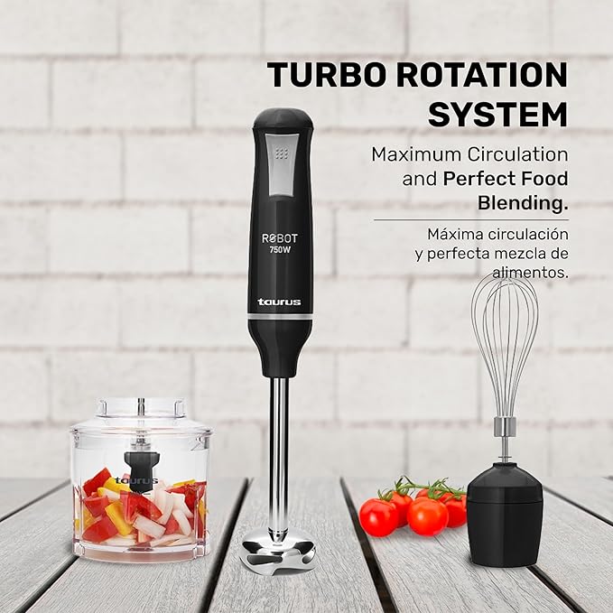 TAURUS ROBOT 500 INOX COMPLETE | Immersion Blender 500 W | Stainless Steel | Detachable Rod | Turbo Rotation System | Pulse Control | Ergonomic and Anti-Splash | Accessories included