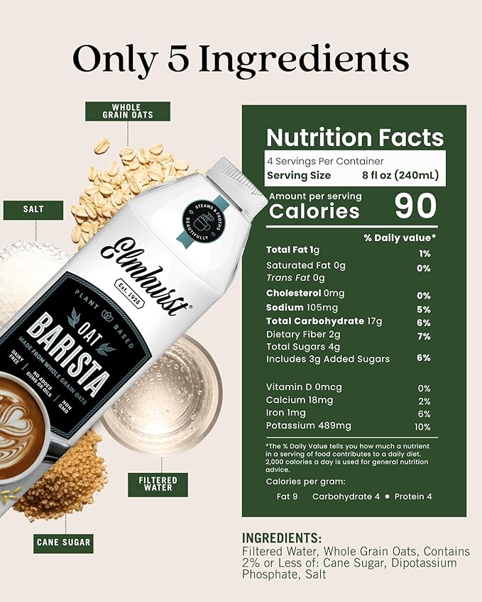 Elmhurst 1925 Oat Milk Barista Edition – 32oz (6-Pack) Plant-Based, Vegan, Dairy-Free, Kosher, Gluten-Free, Non-GMO, Froths for Lattes & Iced Coffee, 20g Whole Grains per Serving, Simple Ingredients