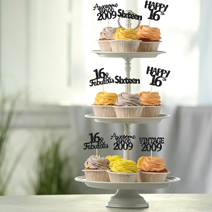 Gyufise 30Pcs Vintage 2009 Cupcake Toppers Glitter Sweet 16 Happy 16th Birthday Cake Decorations for Happy 16th Birthday Fabulous Anniversary Party Supplies Black