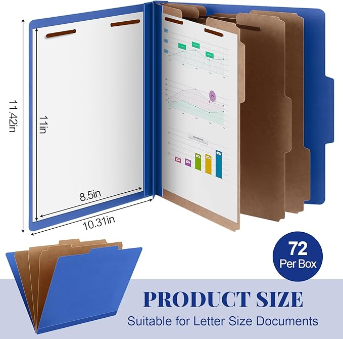 72 Pcs Classification Folders Letter Size, Back to School Supply for Teacher, Student, 3 Dividers Pressboard File Folder Bulk with 2 Fasteners, 3.5 Inch Expanding File Organizer (Dark Blue)