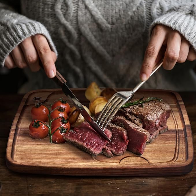 Uiifan 1 Pcs Steak Plates with Juice Channel Wooden Steak Board Set Acacia Cutting Serving Board for Home Serving Eating Meat Dishes Snack Dessert, 13 x 11 x 0.6 Inch