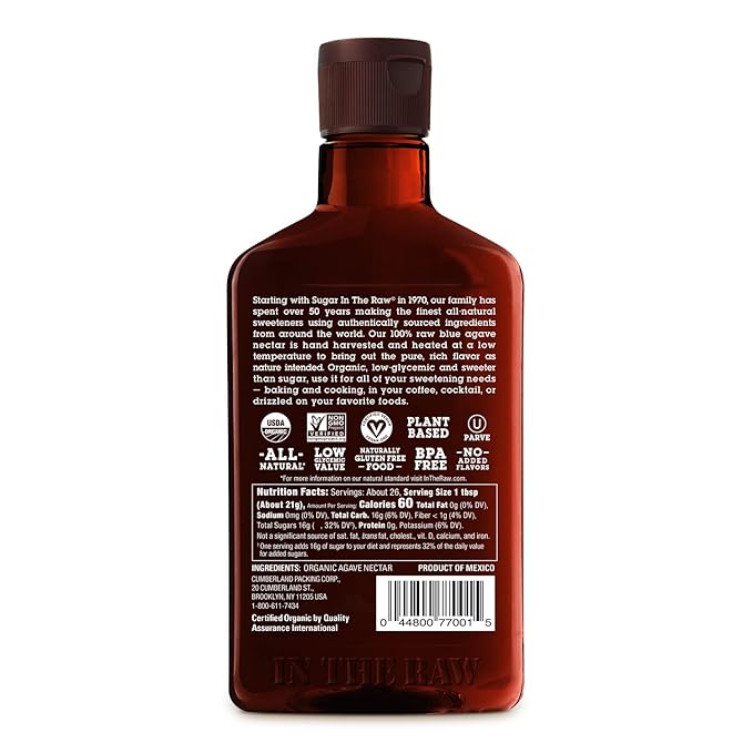 Agave In The Raw Organic Agave Nectar Sweetener, Blue Agave Syrup, No Erythritol, Sugar Substitute for Coffee, Baking, Hot & Cold Drinks, Natural, Low Carb, Vegan, Gluten-Free, 18.5oz Bottle (8 Pack)