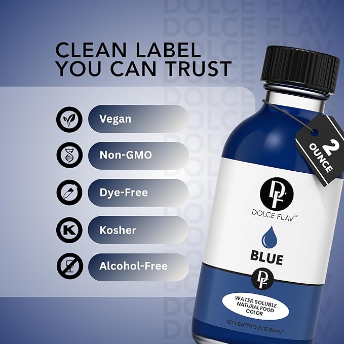 Dolce Flav Natural Blue Food Coloring – 2 oz Vibrant Plant-Based Color from Spirulina | Water-Soluble Liquid Dye for Baking, Drinks & Frostings | Graduated Dropper Included | No Artificial Dyes | Kosher | Made in USA