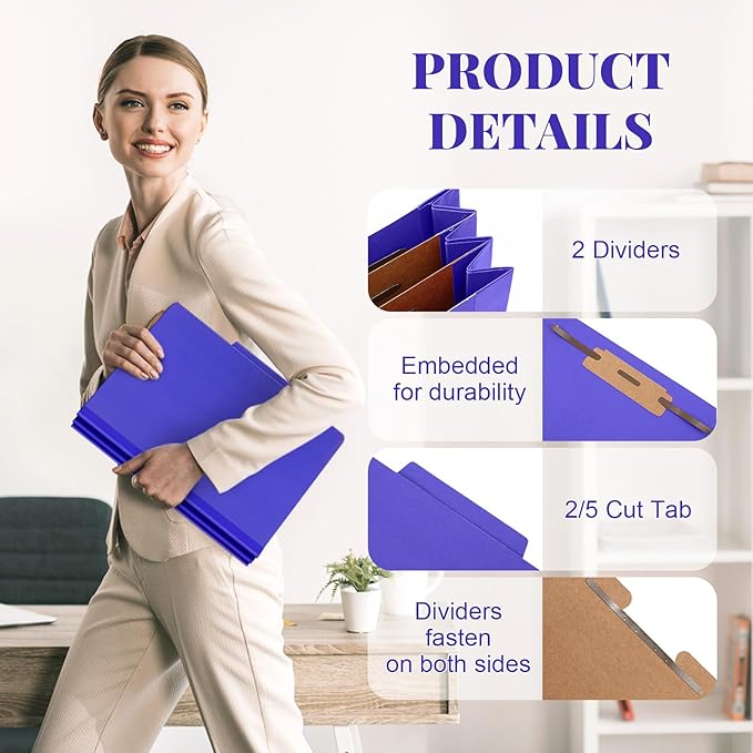 24 Pcs Classification Folders Letter Size Bulk - 2 Dividers Pressboard File Folder with 3. 5 Inch Expansion, 2 Prongs Fastener, Heavy Duty Office File Organizer for Teacher Medical (Purple)