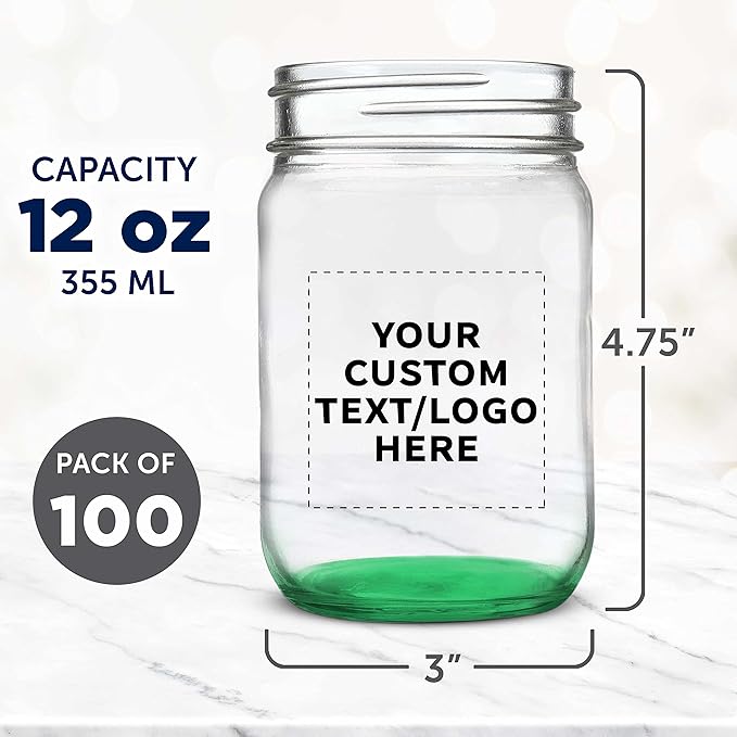 DISCOUNT PROMOS Custom Decorating Mason Jars 12 oz. Set of 100, Personalized Bulk Pack - Glass Jars for Overnight Oats, Candies, Fruits, Pickles, Spices, Beverages - Green