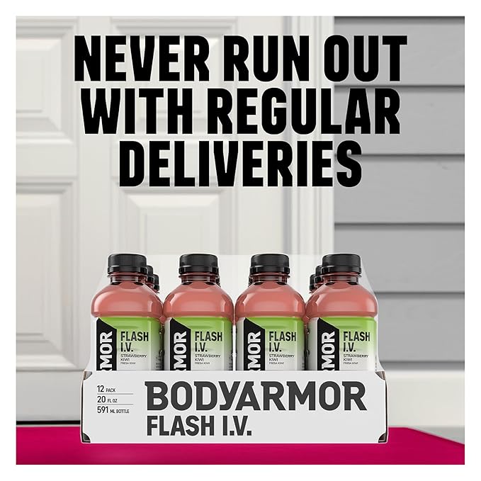 BODYARMOR Flash I.V. Electrolyte Beverage, Strawberry Kiwi, Hydration Drink with Coconut Water For Rapid Rehydration, Post Workout Recovery, 20 Fl Oz (Pack of 12)