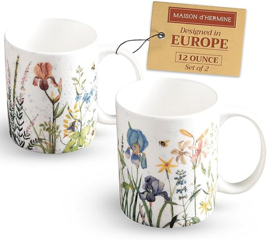 Maison d' Hermine Coffee Mug with Handles Fine Bone China Mugs Pack of Two Tea Cups for Hot Beverages Cappuccino Latte Home Restaurant Office Perfect for Gift (Fleurs De Mai, 12 Ounce)