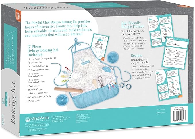 MindWare Playful Chef Deluxe Baking Kit - Set Includes 17 Utensils with Color-Coded Measuring Tools & 5 Healthy Recipes – Ages 4 & up