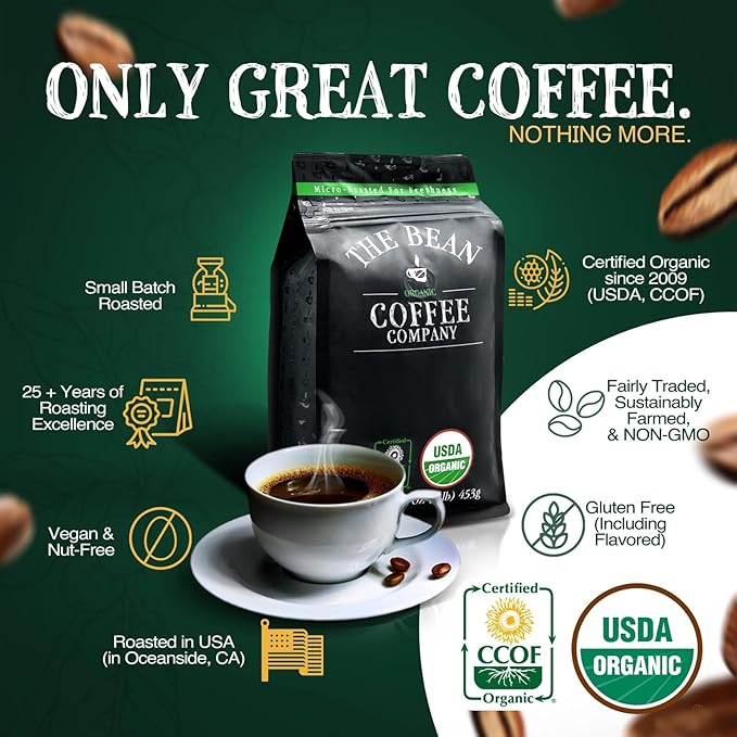 The Bean Organic Coffee Company Christmas Roast, Dark Roast, Ground Coffee, 5-Pound Bag, Café molido tostado orgánico