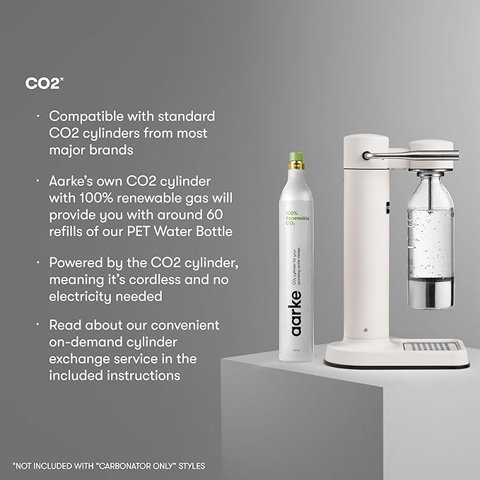 Aarke Carbonator lll with CO2 Cylinder, Sparkling & Carbonation Water Machine, Stainless Steel with PET BPA-Free Reusable Bottle Volume 1L/34 fl oz (Matte White)