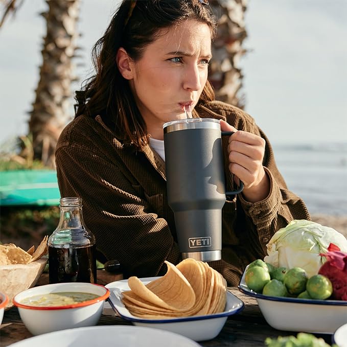 YETI Rambler 42 oz Tumbler with Handle and Straw Lid, Travel Mug Water Tumbler, Vacuum Insulated Cup with Handle, Stainless Steel, Wild Vine Red