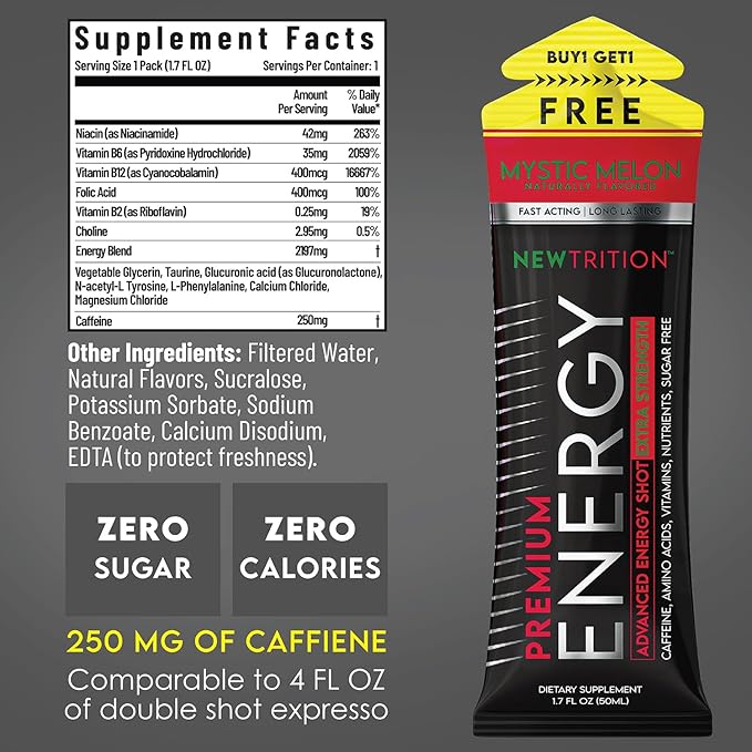 NewTrition® Extra Strength Energy Shots, 250mg Caffeine Energy Shots with Vitamin B & Amino Acids, Sugar-Free Vitamin Energy Shot, 1.7 fl oz (Pack of 12, 4 Flavors-Mixed-1)
