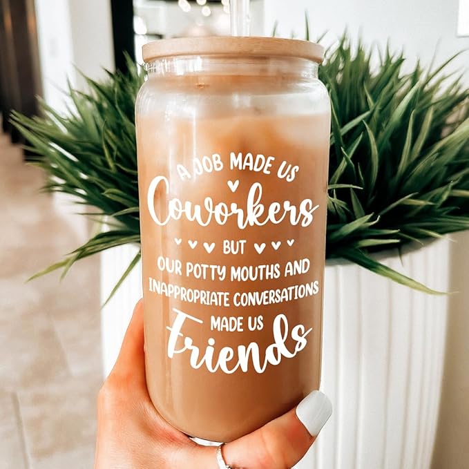 Coworker Gift for Women - 16oz Can Glass Coffee Cup - Funny Work Bestie Gift - Farewell Going Away Present for Female Colleagues and Friends