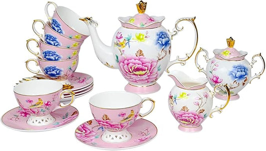 ACMLIFE Tea Set for Adults- Fine China Tea Set for 6, 21-Piece Vintage Coffee Set English Porcelain Tea Pot Sets for Adult Tea Party for Women Gift (Pink, Extra Large 21)