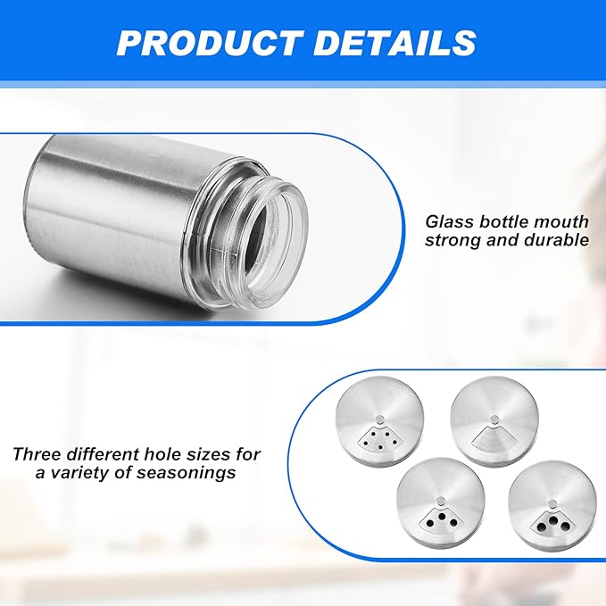 Dandat 12 Pcs Salt and Pepper Shakers Stainless Steel Spice Shakers with Adjustable Pour Holes and Glass Window 3.4oz Salt Dispenser Spice Jars with Rotating Lids for Sugar Seasoning Home