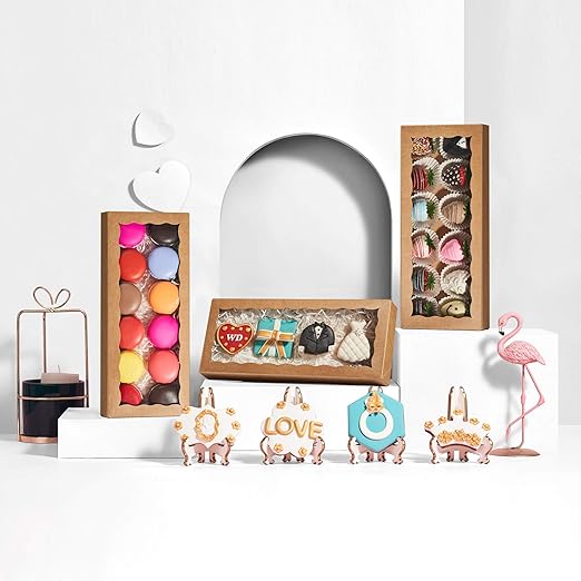 24PCS 12 x 5 x 1.5 inches Auto-Popup One Piece Premium Cookies Boxes, Kraft Brown Macaron Boxes Packaing, Bakery Box for Holiday Cookie Gift Sets