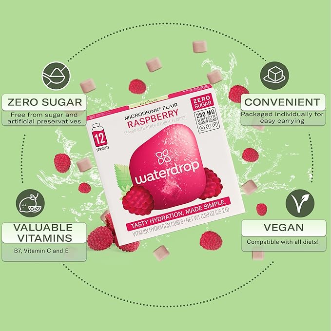 Waterdrop Hydration Cubes with Vitamin C, B Vitamins, and Electrolytes, Raspberry Flavor, Flavored Water Enhancer Cubes for Still & Sparkling Water, Low Calorie, Sugar Free Electrolytes, 48 Count