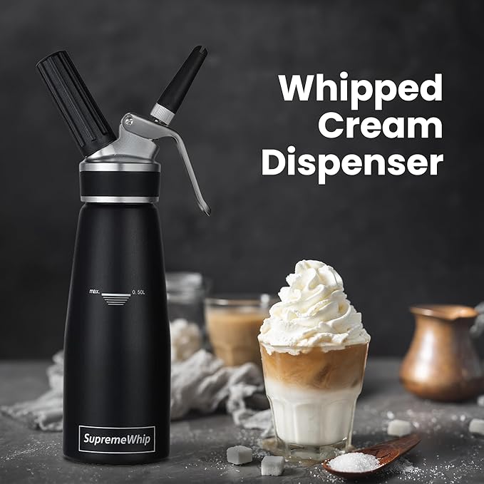 PRO Cream Dispenser, Durable High-Grip, Metal Lid with Rubber, 3 Nozzles, for Hot/Cold Use, Cleaning Brush Included, Black - 500 ml / 1 Pint