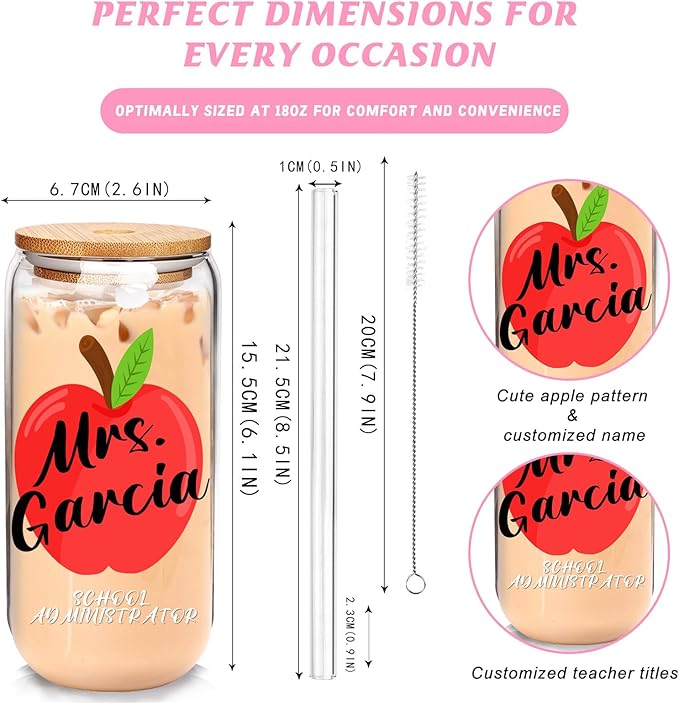 Personalized Tumbler with Name for Teacher- Glass with Lids and Straws-18OZ Iced Coffee Cups with Lids, Cute Glass Cups, Teacher Appreciation Gifts