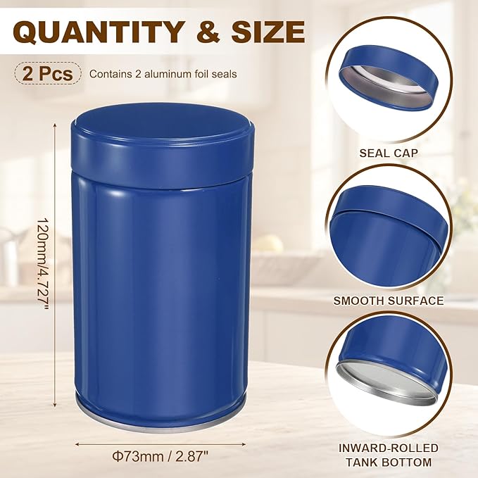 uxcell 2Pcs Round Tea Canisters, 5" x 3" Airtight Metal Tea Containers for Loose Tea, Coffee Beans, Spices - Durable, Compact, and Stylish Storage Tea Tin (Blue)