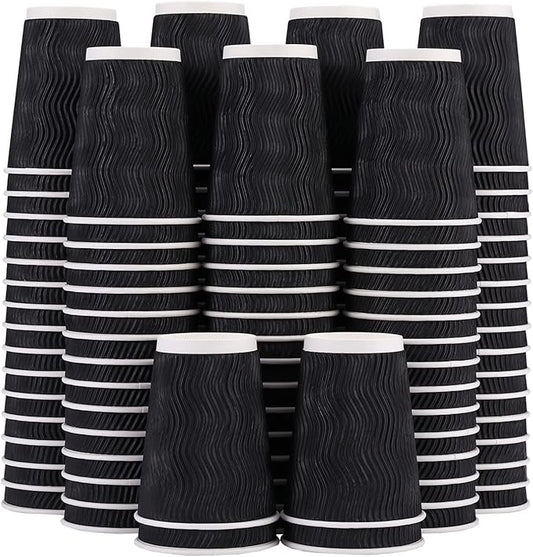 Lamosi 12 oz Disposable Coffee Cups - 120 Pack, Insulated Corrugated Paper Cups 12 oz, Kraft Ripple Wall Cups for Hot Beverage or Cold Drinks Office/Home/Party/Travel/Cafe (Black)