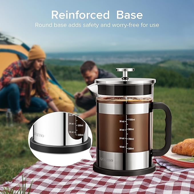 QUQIYSO French Press Coffee Maker 51oz 304 Stainless Steel French Press with 4 Filter, Heat Resistant Durable, Easy to Clean, Borosilicate Glass Coffee Press, Sliver