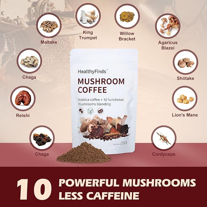HealthyFinds Organic Mushroom Coffee Instant with 10 Superfood Mushrooms for Better Focus, Energy, Digestion & Immunity (6.35 oz)