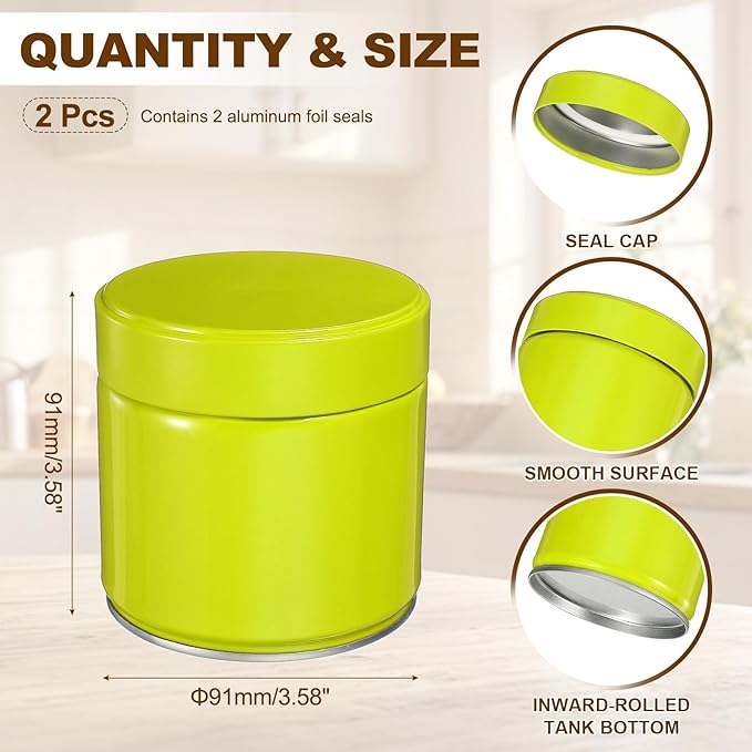 uxcell 2Pcs Round Tea Canisters, 4" x 4" Airtight Metal Tea Containers for Loose Tea, Coffee Beans, Spices - Durable, Compact, and Stylish Storage Tea Tin (Green)