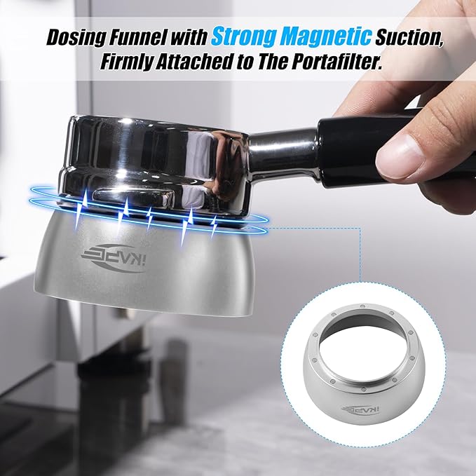 IKAPE Magnetic Dosing Funnel Set, 58MM Espresso Dosing Ring & Puck Screen Kit Compatible with 58MM Bottomless Portafilter - with 10 Small Magnet (Silver)