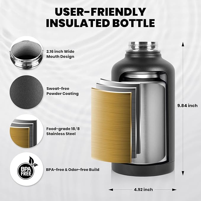 Insulated Water Bottle 64 oz, Triple Wall Vacuum Stainless Steel (Cold for 48 Hrs), Leak Proof & Non-BPA, Half Gallon Water Flask Jug with Paracord Handle & Straw Spout Lids, Magic Black