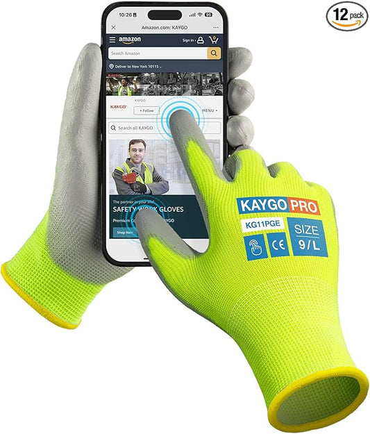 KAYGO Safety Work Gloves PU Coated for Men and Women- KG11P,12 Pairs,Seamless Knit Glove with Two Fingers Touchscreen,Ideal for General Duty Work (Green,L)