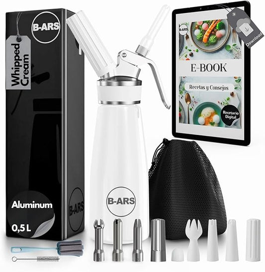 B-ARS Whipped Cream Dispenser-Professional Dispenser-Whip Cream Dispenser -Whipping Siphon-Whipped Cream Maker-Cream Whipper-Aluminum Whipped Cream Dispenser 500 ml. (White)