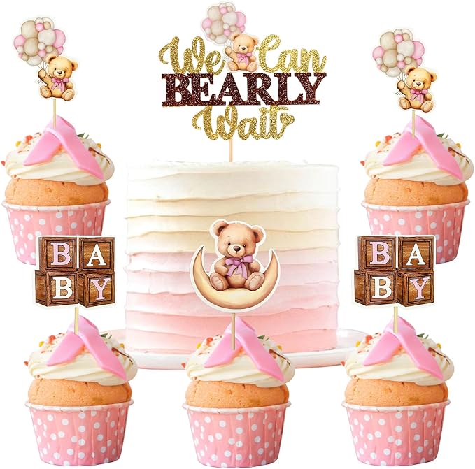 MEMOVAN Bear Baby Shower Cupcake Toppers 25pcs We Can Bearly Wait Cake Cupcake Topper Bear Cake Cupcake Decoration for Baby Girl We Can Bearly Wait Bear Theme Birthday Baby Shower Gender Reveal Party