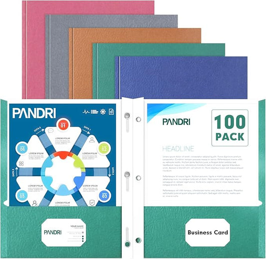 Two Pocket Folders, PANDRI 100 Pack Two Pocket Folders with Prongs, 2 Pocket 3 Prong Folders Designed for Office and Classroom, Letter Size Assorted 5 Colors