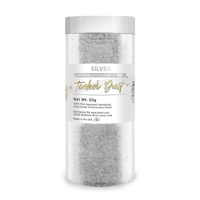 Bakell - Tinker Dust Silver Edible Glitter - for Cakes, Cupcakes, Cake Pops, Drinks and Beverages, 1x 50g Jar